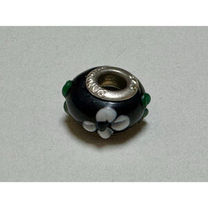 Pandora Murano Glass Green & White Flower Charm Bracelet Bead - Sterling Silver